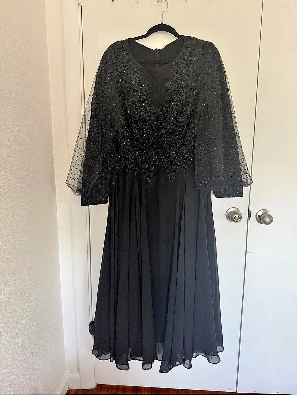 Black Beaded Sheer Sleeve Maxi Dress Like New
